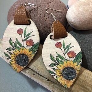 Wood & leather sunflower drop earrings NWT